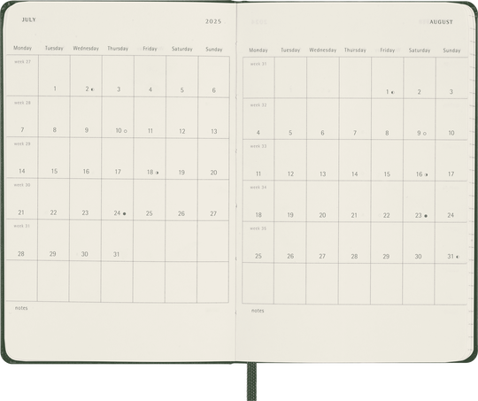 Klassischer Kalender 2025 Pocket Wochenkalender, fester einband, 12 Monate, Myrtengrün - Side view