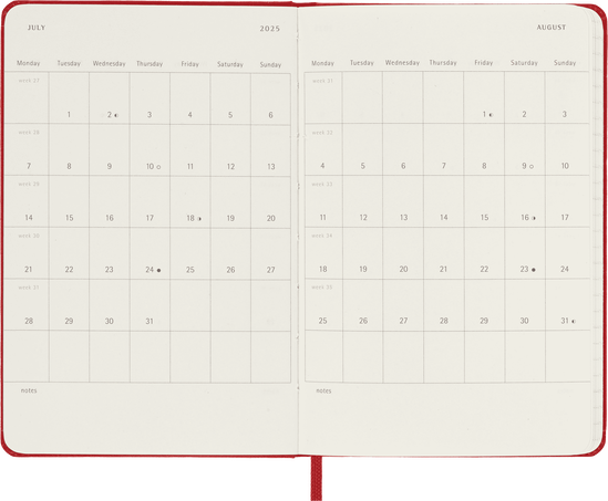 Klassischer Kalender 2025 Pocket Wochenkalender, fester einband, 12 Monate, Scharlachrot - Side view