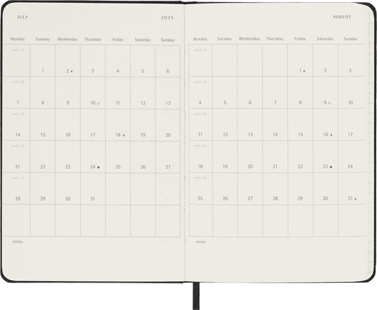 Klassischer Kalender 2025 Pocket Wochenkalender vertikal, fester einband, 12 Monate, Schwarz - Side view